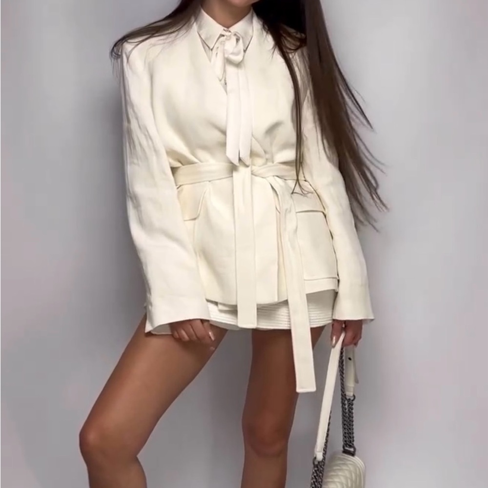 Zara nwt linen jacket blazer casual with waist tie belt - Picture 5 of 14